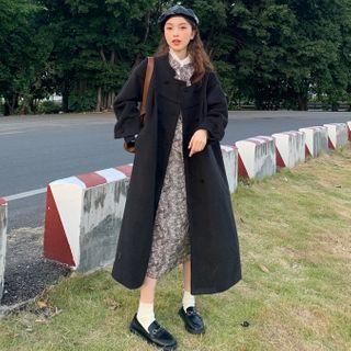 Long Double-breasted Wool Coat Black - One Size