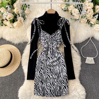 Set: Long-sleeve Mock-neck Top + Spaghetti Strap Tiger Print Mini Dress