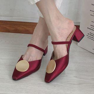 Medallion Pointed Toe Block Heel Mules