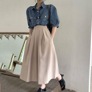 Puff-sleeve Washed Denim Shirt / Midi A-line Skirt