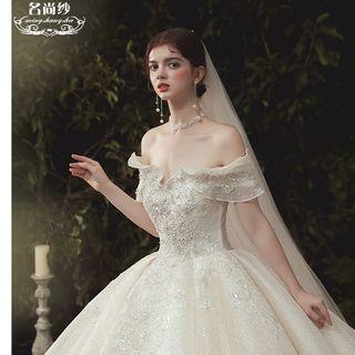 Off-shoulder Sequined Ruffled A-line Wedding Gown