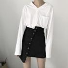 Long-sleeve V-neck T-shirt / Buttoned Asymmetrical A-line Skirt