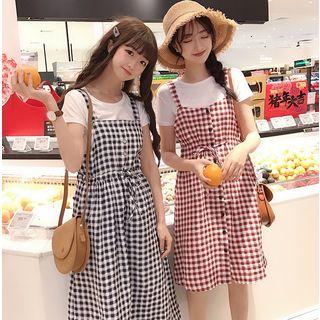 Set: Short-sleeve T-shirt + Spaghetti-strap Gingham Dress