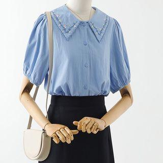 Short-sleeve Embroidered Blouse / Midi A-line Skirt