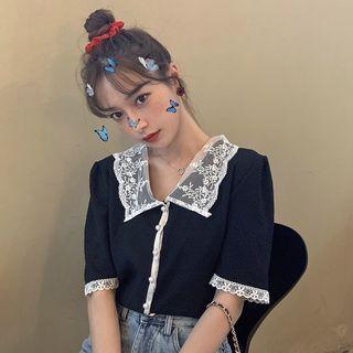 Lace Collar Elbow-sleeve Blouse