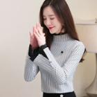 Lace Trim Striped Long-sleeve Top