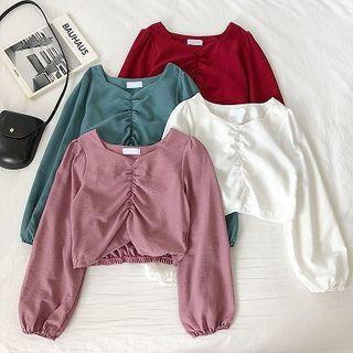 Plain V-neck Drawcord Long-sleeve Top