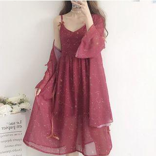 Printed V-neck Spaghetti Strap Dress / Open-front Long Jacket