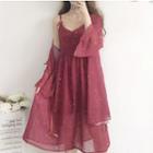 Printed V-neck Spaghetti Strap Dress / Open-front Long Jacket
