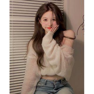 One-shoulder Ribbed Knit Top White - One Size