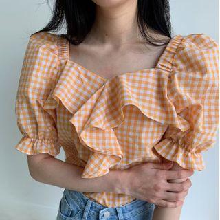 Square Neck Oversized Ruffle Gingham Short Sleeve Top