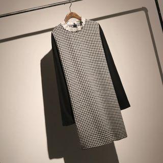 Houndstooth Long-sleeve A-line Dress Black - One Size