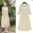 Set: Long-sleeve Top + Sleeveless Pleated Midi Dress