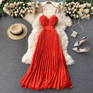 Spaghetti Strap Pleated Cutout Midi A-line Dress