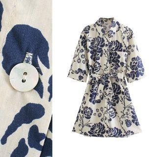 Pocket Front Floral Print Short Sleeve Dress With Sash