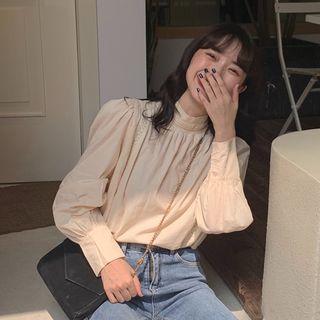 Long-sleeve Lace Trim Blouse Almond - One Size