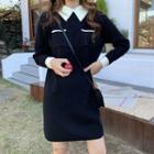Long-sleeve Contrast Trim Collared Top Black - One Size