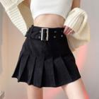 Belted Pleated Mini A-line Corduroy Skirt