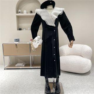 Puff-sleeve Ruffle Collar Midi A-line Velvet Dress Black - One Size