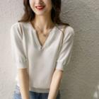 Short-sleeve V-neck Knit Top White - One Size