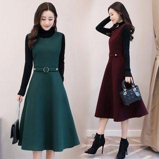 Set: High Neck Sweater + Sleeveless A-line Midi Dress