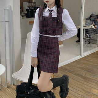Long-sleeve Shirt / Plaid Camisole Top / Mini Fitted Skirt / Tie
