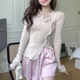 Long-sleeve Plain Ruffled-trim  Slit Knit Top Nude - One Size