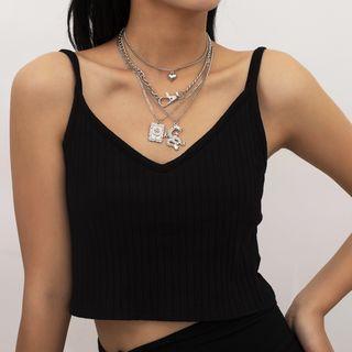 Set Of 4: Layered Rhinestone Pendant Necklace 1061 - Silver - One Size