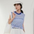Sleeveless Letter Striped T-shirt Stripe - Blue - One Size