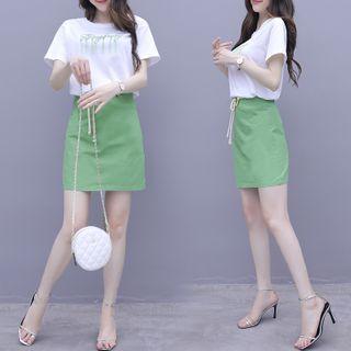 Set: Letter Embroidered Short-sleeve T-shirt + Mini A-line Skirt