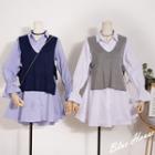 Set: Long-sleeve Mini A-line Shirtdress + Side-tie Knit Vest