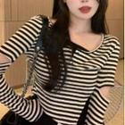 Long-sleeve Cutout Striped Top Stripes - Black & Off-white - One Size