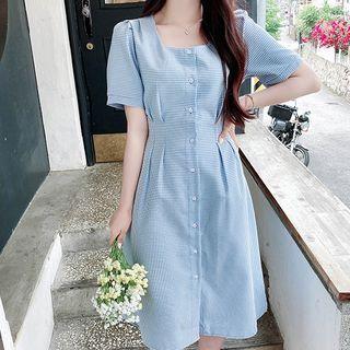 Square-neck Pleated Midi Gingham Dress