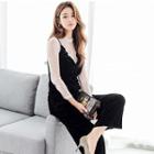 Set: Long-sleeve Sheer Top + Velvet Camisole Top + Wide Leg Pants