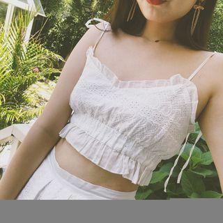 Embroidered Shoulder-tie Crop Top