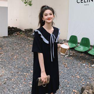 Contrast Trim Collar Pleated Midi A-line Dress