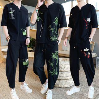 Set: Short-sleeve Embroidered Top + Harem Pants