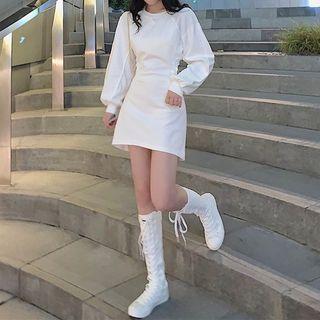 Long-sleeve Cutout Back A-line Dress White - One Size