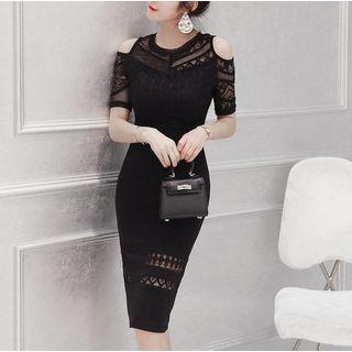Elbow-sleeve Cold Shoulder Lace Midi Sheath Dress