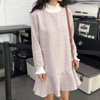 Long-sleeve Mock-neck Plaid Sweatshirt Dress
