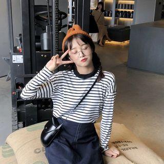 Striped Round Neck Long-sleeve Loose-fit T-shirt