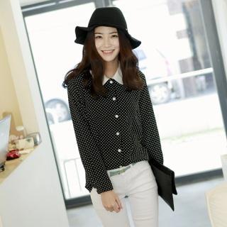 Contrast-collar Dotted Chiffon Blouse