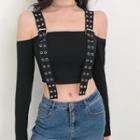 Grommet Strap Cold-shoulder Long-sleeve Cropped T-shirt