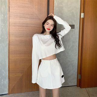 Long-sleeve Plain Cropped Top / High-waist Plain Skirt
