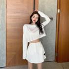 Long-sleeve Plain Cropped Top / High-waist Plain Skirt
