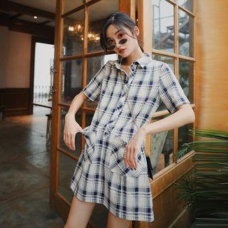 Plaid Short-sleeve Mini Collared Dress