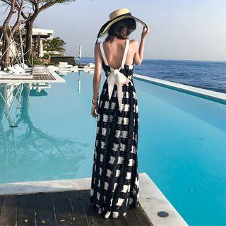 Spaghetti Strap Checked Tie-waist A-line Maxi Dress