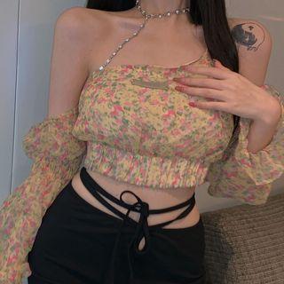 Cold Shoulder Floral Print Blouse Pink Floral - Almond - One Size
