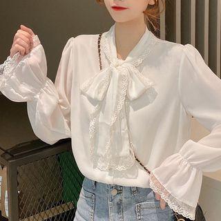 Long-sleeve Chiffon Bow Shirt White - One Size