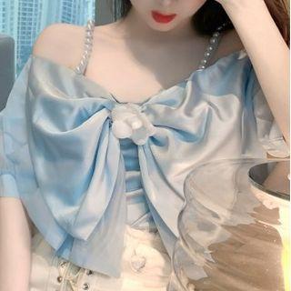 Beaded Strap Bow-accent Cropped Chiffon Top